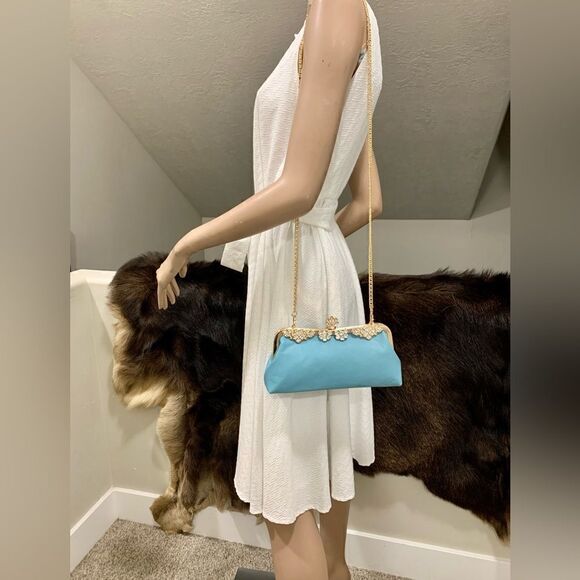 Handmade Genuine Leather Rhinestone Push lock Clutch/Evening bag - Picture 4 of 13